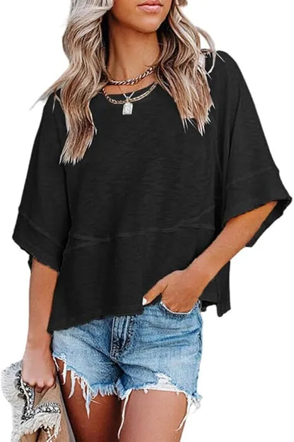 Women's Summer Casual Crewneck Batwing Half Sleeve Tee
