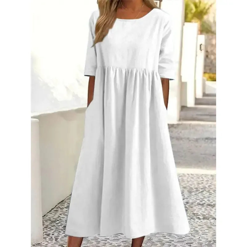 Cotton and Linen Casual Short Sleeve Pocket Dress