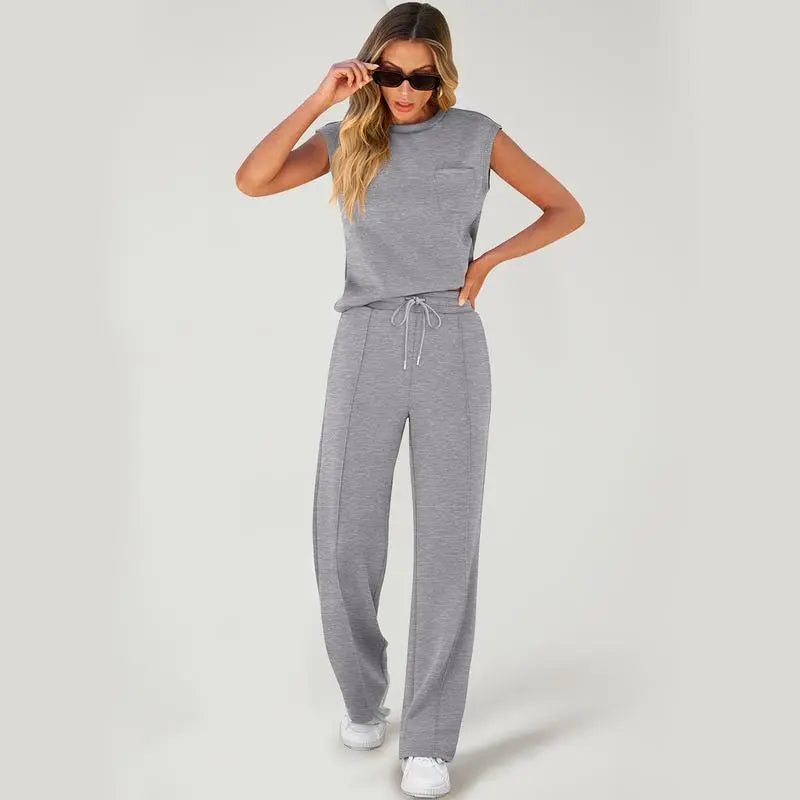Women's Summer 2 Piece Outfits Casual Sleeveless Sweatsuits Matching Wide Leg Tracksuits Lounge Sets Women Basic Vacation Outdoor Outfit Sets Womenswear