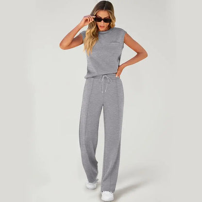Women's Summer 2 Piece Outfits Casual Sleeveless Sweatsuits Matching Wide Leg Tracksuits Lounge Sets Women Basic Vacation Outdoor Outfit Sets Womenswear