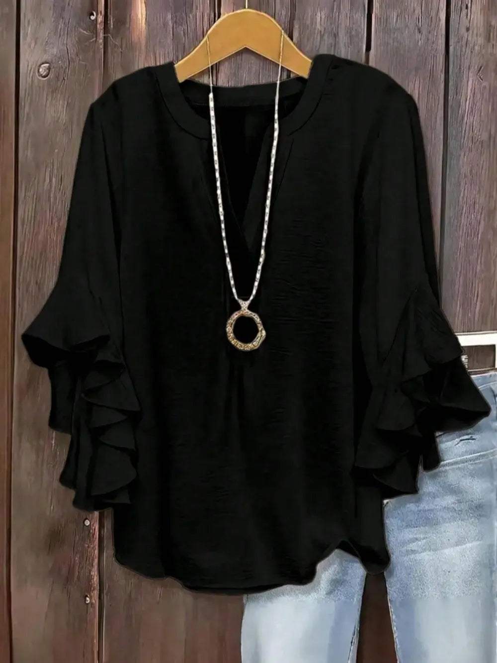 Plus Size Women's Ruffle Sleeve Notched-Neck Fitted Blouse