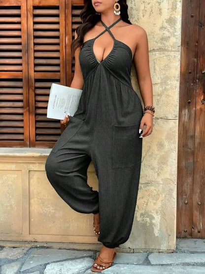 【Plus Size】 Solid Color Pocket Jumpsuit