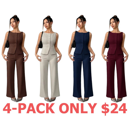Women's Solid Button Front Tank Top & Wide Leg Pants Set