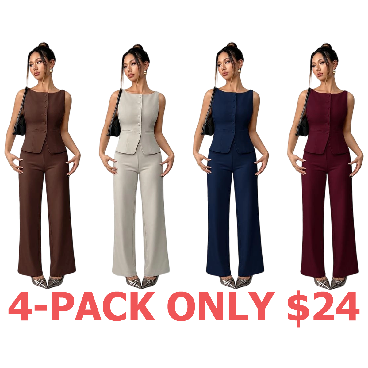 Women's Solid Button Front Tank Top & Wide Leg Pants Set