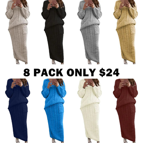 Women's Winter Chunky Cable Knit Long Skirt 2 Piece Sweater Sets