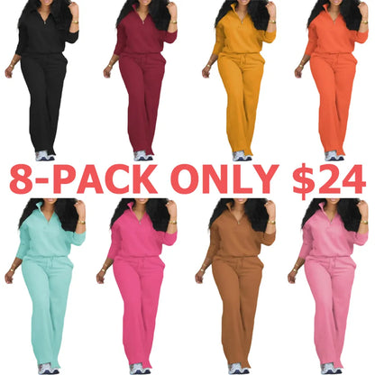 Women's Solid Casual Long Sleeve Top & Pocket Wide Leg
