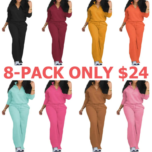 Women's Solid Casual Long Sleeve Top & Pocket Wide Leg