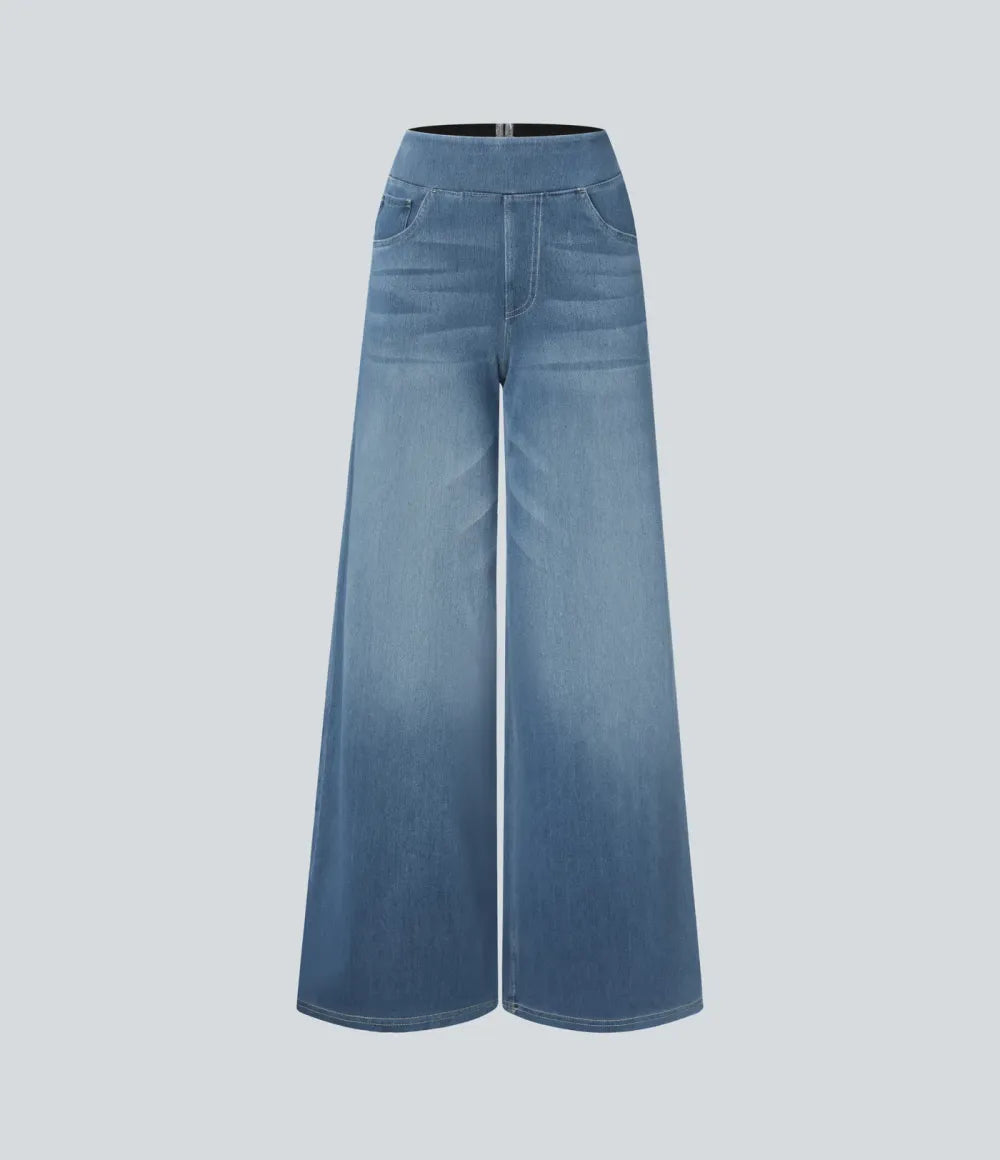 💝Last Day Promotion⚡High Waisted Multiple Pockets Baggy Wide Leg Washed Stretchy Knit Casual Jeans