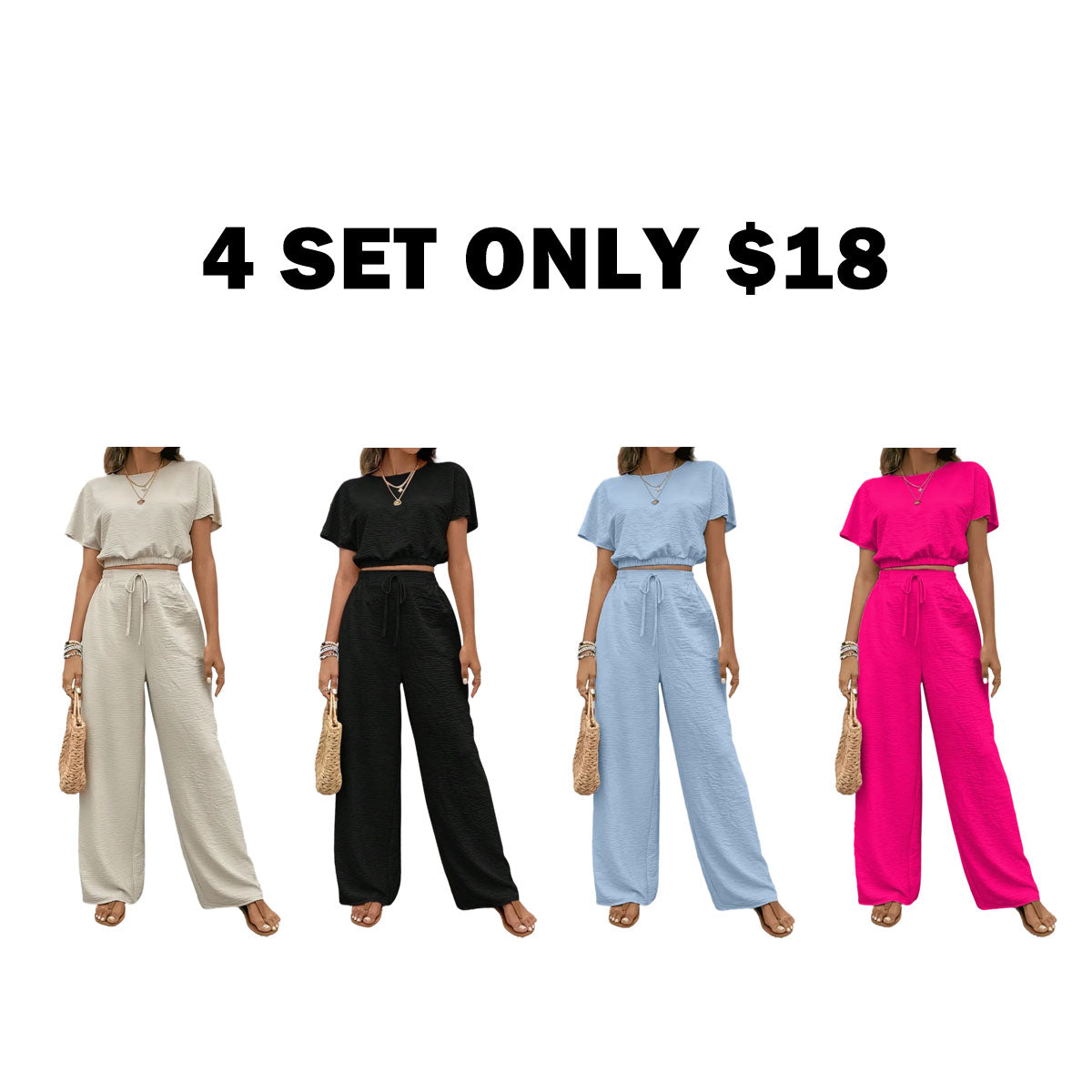 Women's Solid Color Fitted Top & Wide Leg Pants Two-piece Set