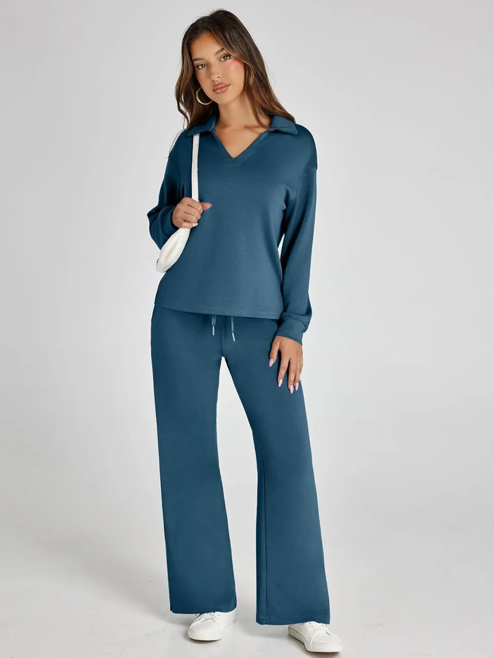 Women's 2 Piece Sets Outfits Casual Long Sleeve Sweatsuits Polo Top and Wide Leg Pants Matching Sets