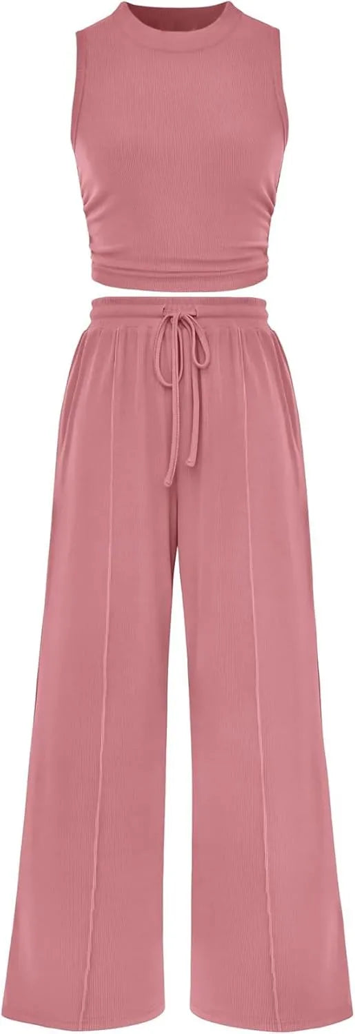 Women Summer 2 Piece Outfits Ribbed Knit Cropped Top Elastic Waist Wide Leg Pants Lounge Set