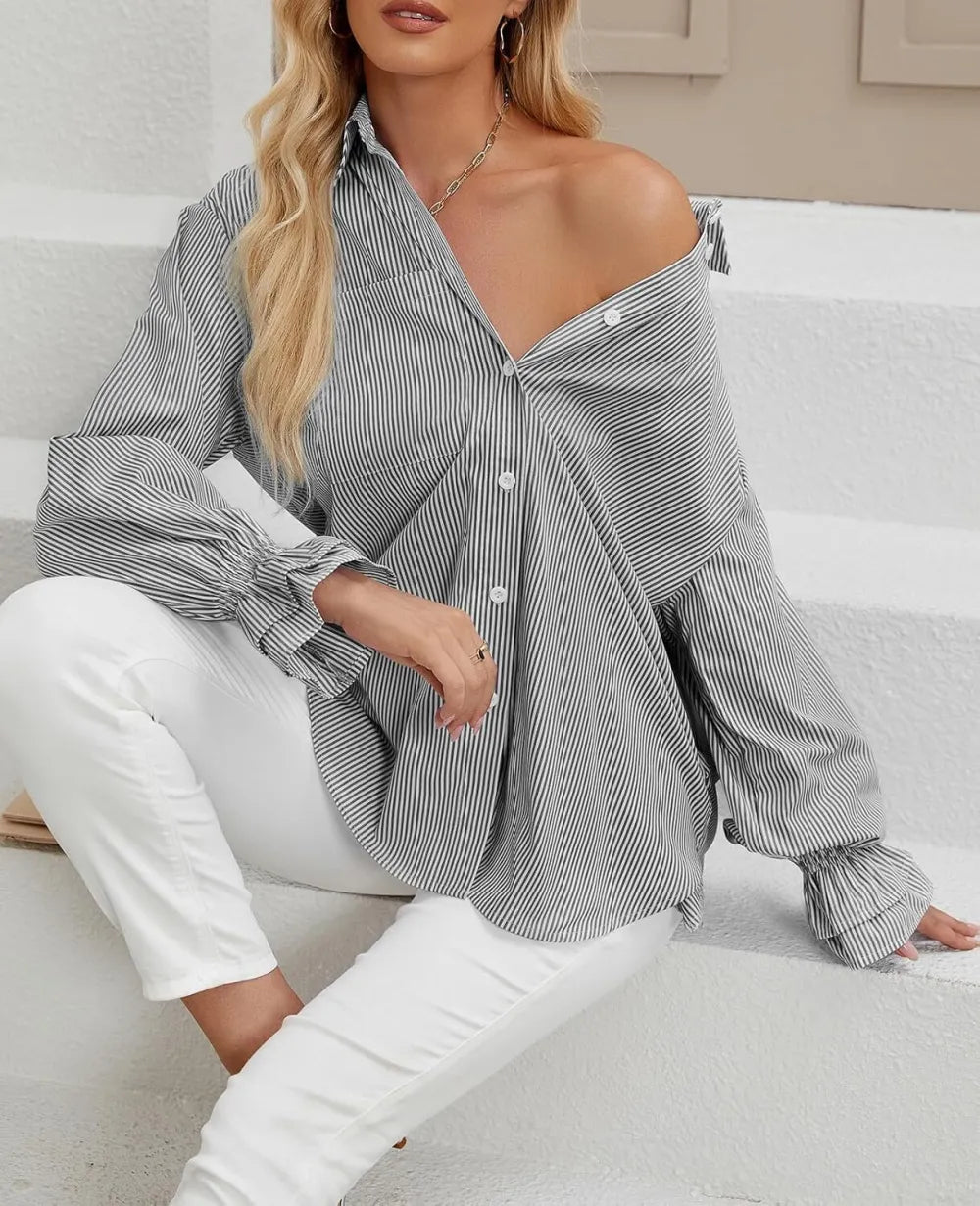Women's Striped Button Down Shirts Smocked Cuffed Boyfriend Shirt Long Sleeve Blouse Top with 3 Pockets