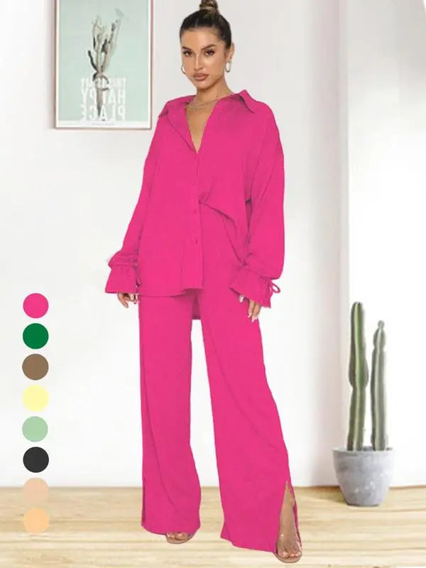 Women's Solid Button Front Shirt & Split Hem Pants Set