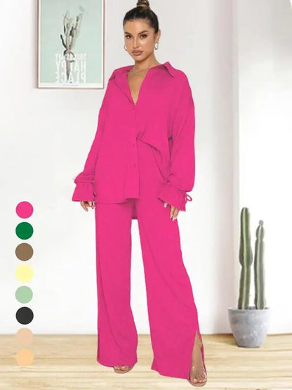Women's Solid Button Front Shirt & Split Hem Pants Set