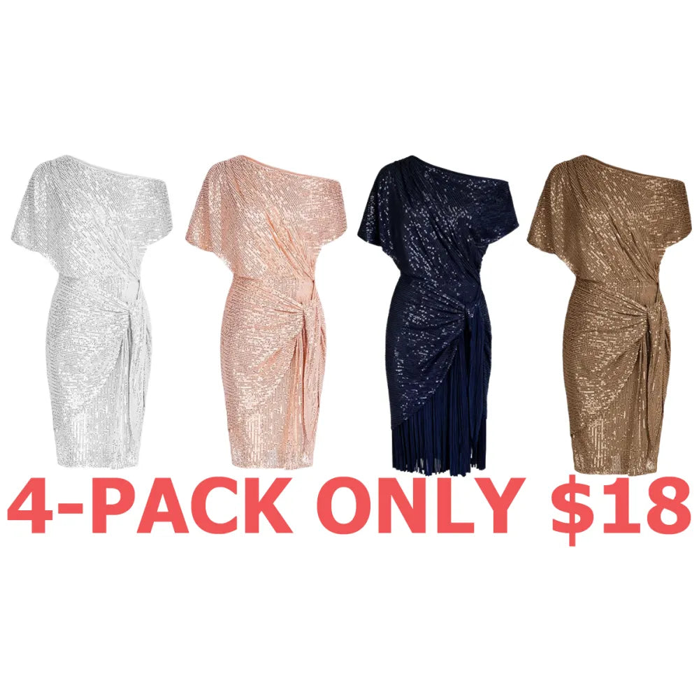 Women Sequined Party Dress Short Sleeve Asymmetric Off Shoulder Bodycon Dress