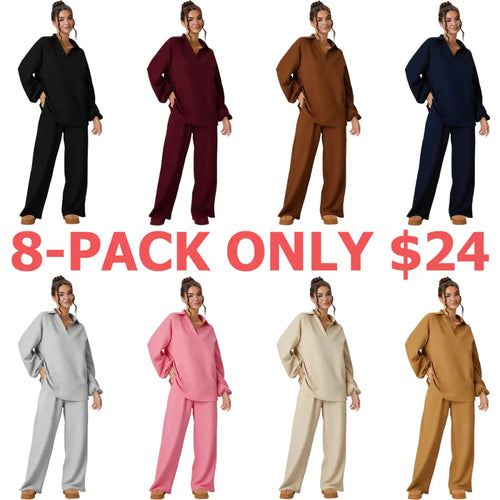 Women's Slouchy Solid Color V-Neck Loose Textured Pullover & Drawstring Waist Trousers Co-ord