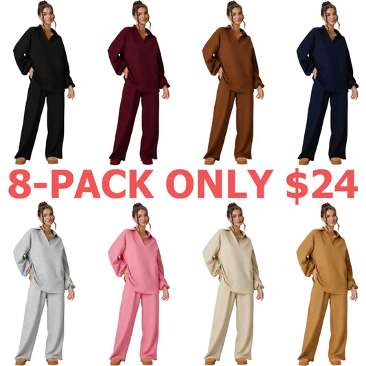 Women's Slouchy Solid Color V-Neck Loose Textured Pullover & Drawstring Waist Trousers Co-ord