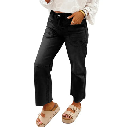 Women's Frayed Cropped Straight Jeans with Pockets