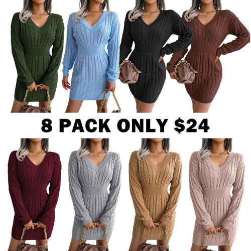 Women's Cable Knit Sweater Dress With V Neck