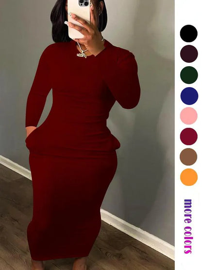 Women's Solid Pocket Long Sleeve Bodycon Dress