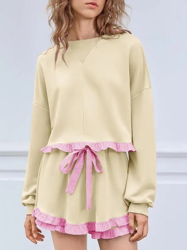 Women's 2 Piece Lounge Sets Ruffle Color Block Cropped Sweatshirts Casual Drawstring Shorts Fall Loose Sweatsuits
