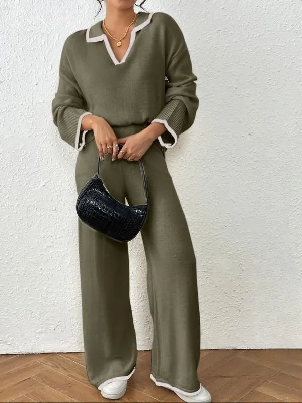 Women's Contrast Binding Drop Shoulder Sweater & Straight Leg Pants Set