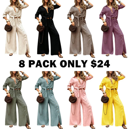 Women's Long Sleeve Loose Fit Shirt Set with Tie Hem