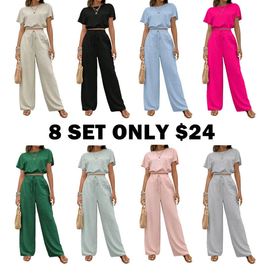 Women's Solid Color Fitted Top & Wide Leg Pants Two-piece Set
