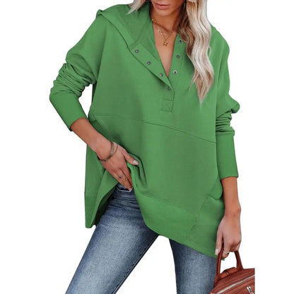 Women's Casual Oversized Sweatshirts Hoodies Button V Neck Long Sleeve Cotton Henley Pullover Hooded Tops 2025 Womenswear Winter Outfits Clothes