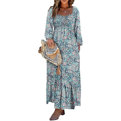 🔥2025 CRAZY DEAL🔥Spring Dresses for Women 2025 Boho Floral Smocked Square Neck Long Sleeve Button Down Beach Long Maxi Dress