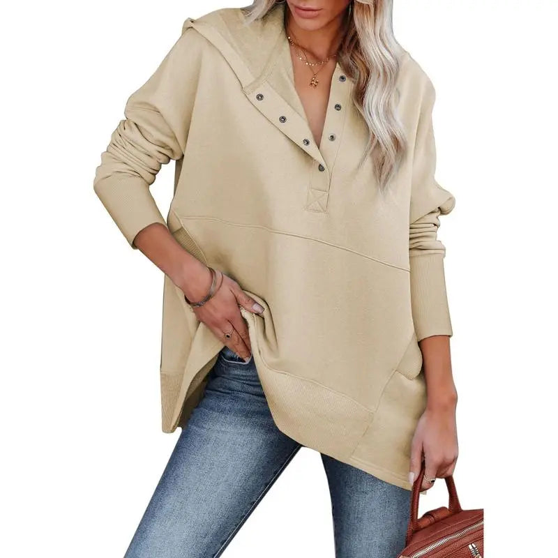 Women's Casual Oversized Sweatshirts Hoodies Button V Neck Long Sleeve Cotton Henley Pullover Hooded Tops 2025 Womenswear Winter Outfits Clothes