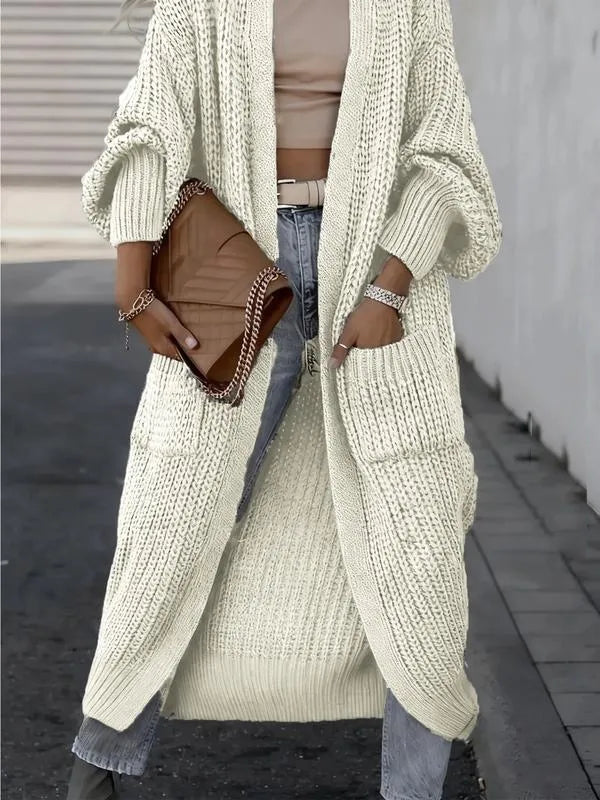 Women's Solid Drop Shoulder Long Cardigan, Casual Pocket Long Sleeve Cardigan,Sweaters for Women