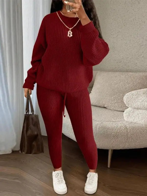 Women's Solid Drop Shoulder Long Sleeve Sweater & Drawstring Waist Pants Set