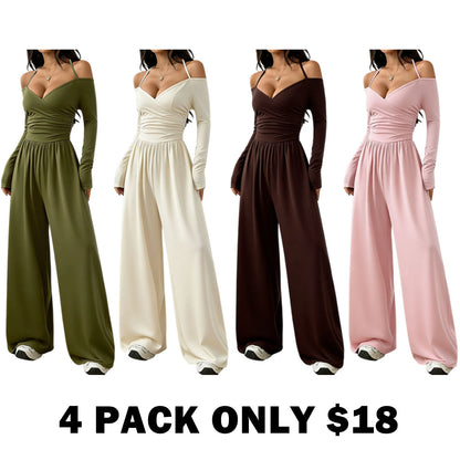 Women's Solid Color Off-Shoulder Ruched Wide Leg Casual Jumpsuit