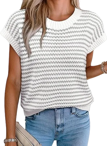 Women's knitted vest, striped pullover, sleeveless top, round neck