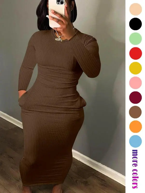 Women's Solid Pocket Long Sleeve Bodycon Dress