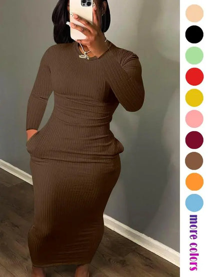 Women's Solid Pocket Long Sleeve Bodycon Dress
