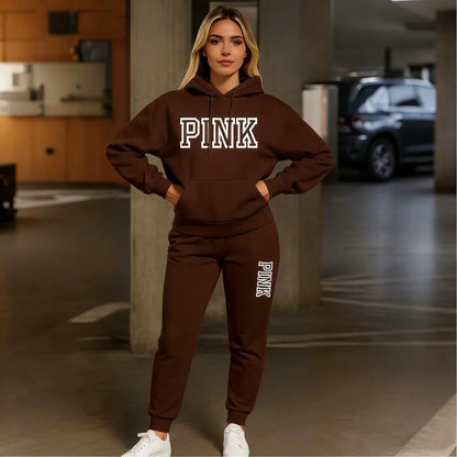 Women's Pink Print Hoodie And Drawstring Track Pants Set, Casual Sportswear, Long-Sleeved Hooded Jacket And Pants, Suitable For Autumn And Winter, Everyday Wear, Indoor And Outdoor Sportswear, Casual Sportswear.