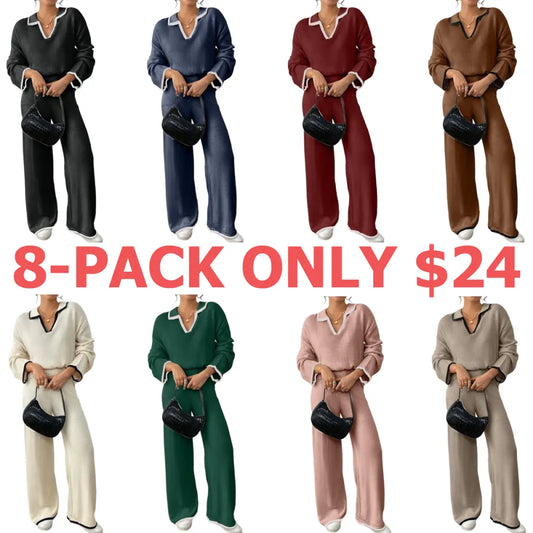 Women's Contrast Binding Drop Shoulder Sweater & Straight Leg Pants Set
