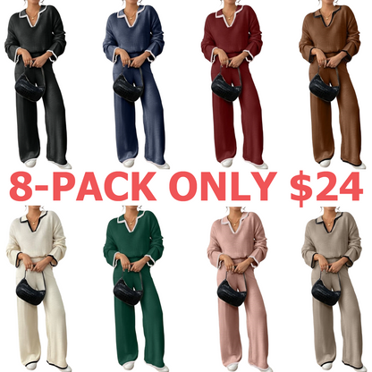 Women's Contrast Binding Drop Shoulder Sweater & Straight Leg Pants Set