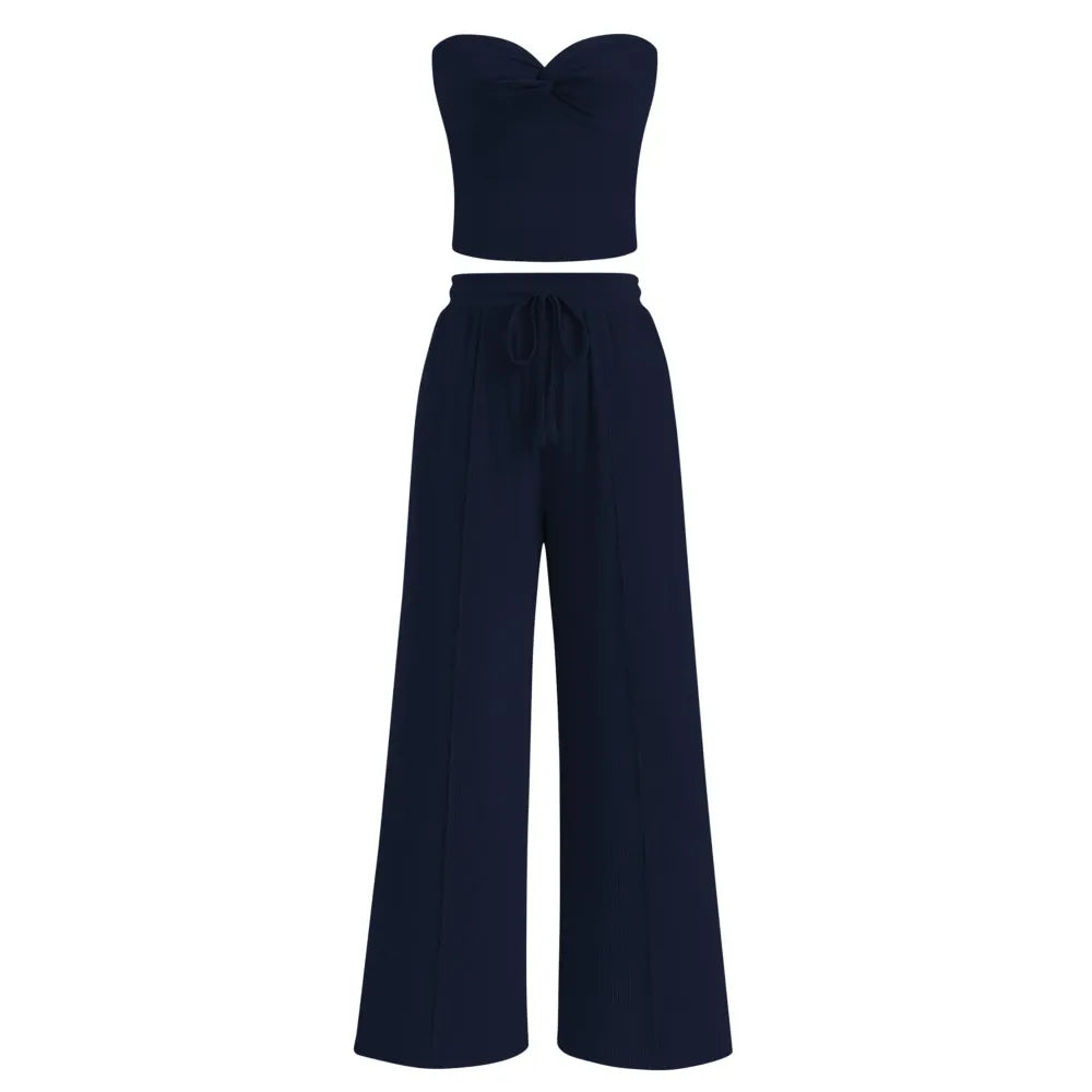 Women Summer Ribbed Strapless Twist Knot Tube Top Pants Set
