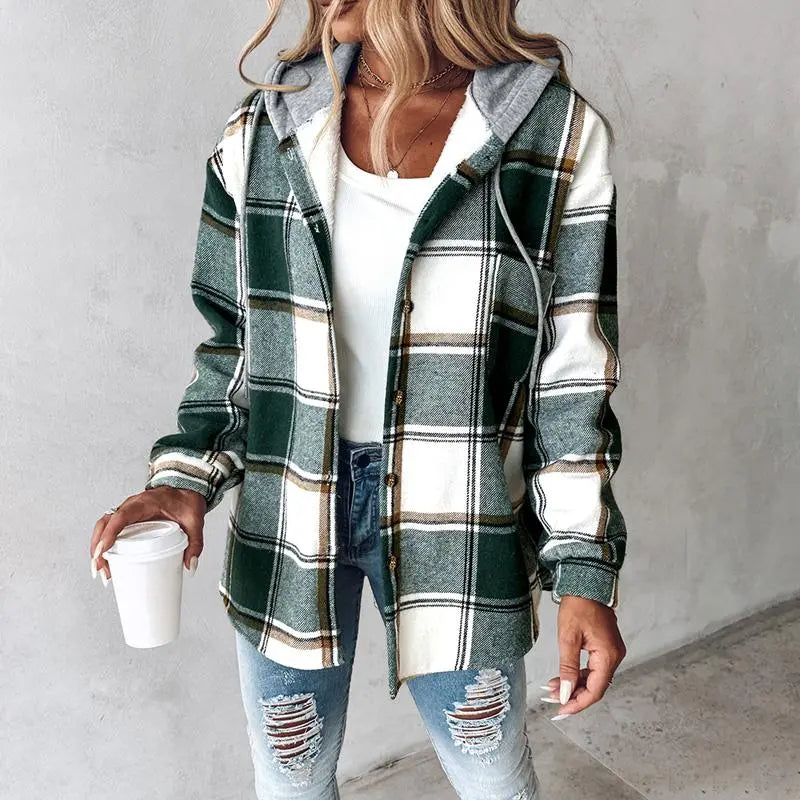 Women's Plaid Pattern Long Sleeve Shacket Button Down Fleece Lined Hooded Jackets Warm Coat Casual Womenswear Comfort Outdoor Soft