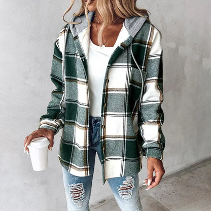 Women's Plaid Pattern Long Sleeve Shacket Button Down Fleece Lined Hooded Jackets Warm Coat Casual Womenswear Comfort Outdoor Soft