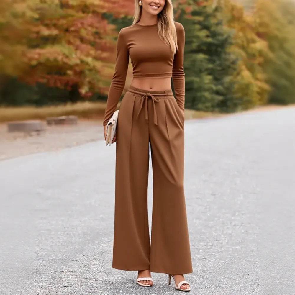 2-Piece Ribbed Knit Long Sleeve Crop Top Wide Leg Pants Matching Lounge Set Loungewear