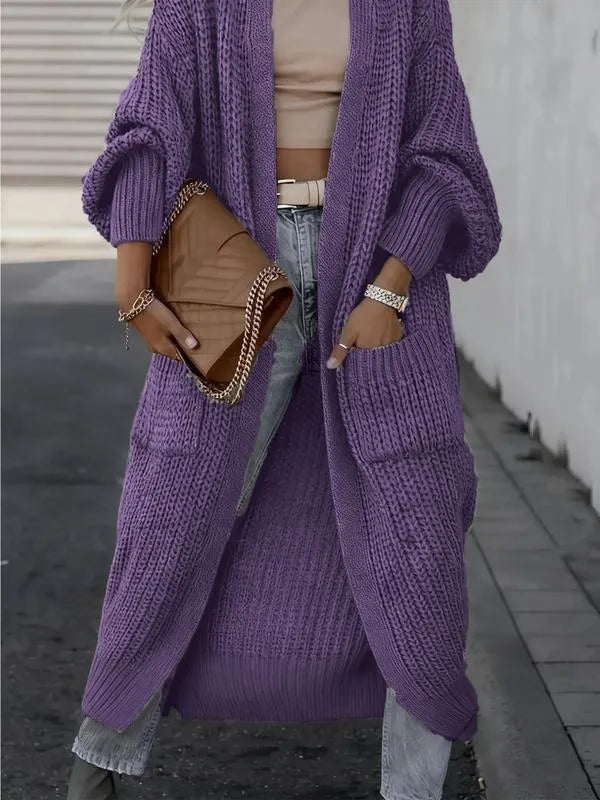 Women's Solid Drop Shoulder Long Cardigan, Casual Pocket Long Sleeve Cardigan,Sweaters for Women