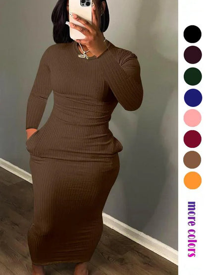 Women's Solid Pocket Long Sleeve Bodycon Dress