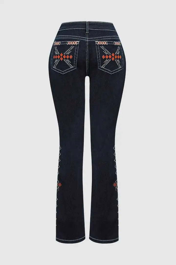 Wash Geo Embroidery Rhinestone Decor Mid Rise Bootcut Jeans Without Belt