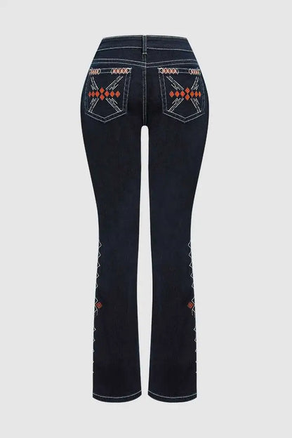 Wash Geo Embroidery Rhinestone Decor Mid Rise Bootcut Jeans Without Belt