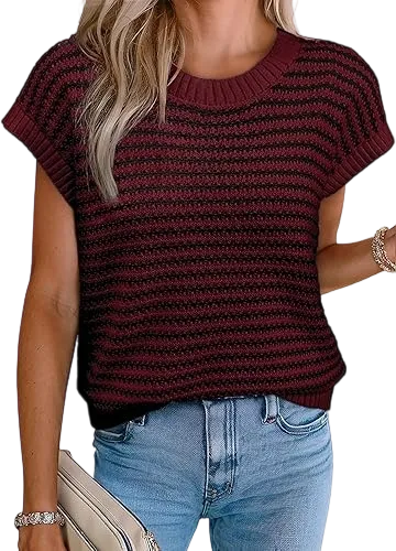 Women's knitted vest, striped pullover, sleeveless top, round neck