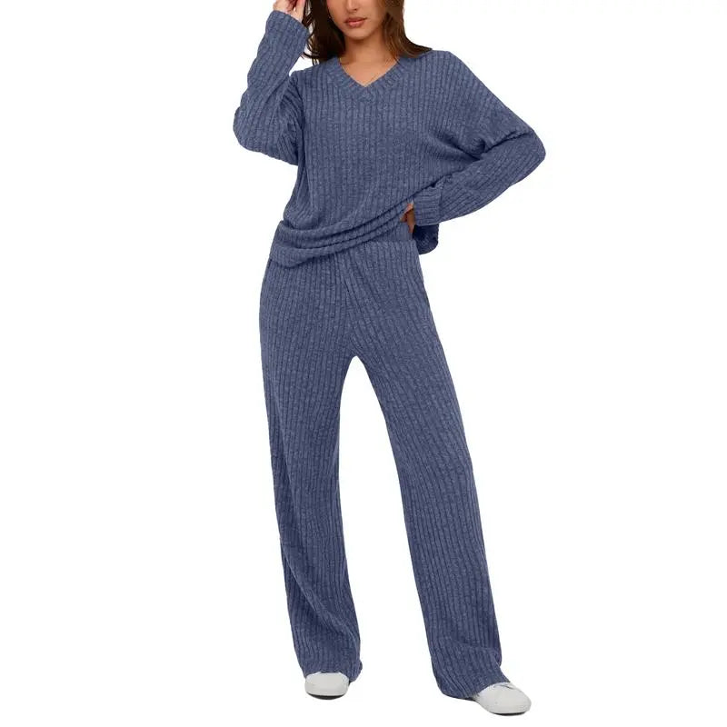 Women's 2 Piece Lounge Sets Ribbed Knit Long Sleeve V Neck Pullover Tops Wide Leg Pants Fall Winter Outfits